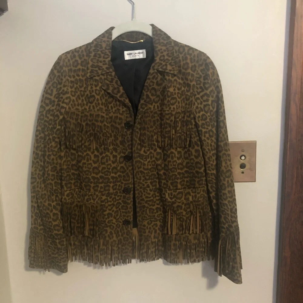 Saint Laurent Curtis Suede Fringe Jacket Leopard
